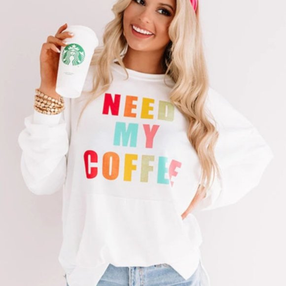 Luna Crew Neck Sweatshirt Need My Coffee in White - Picture 6 of 7